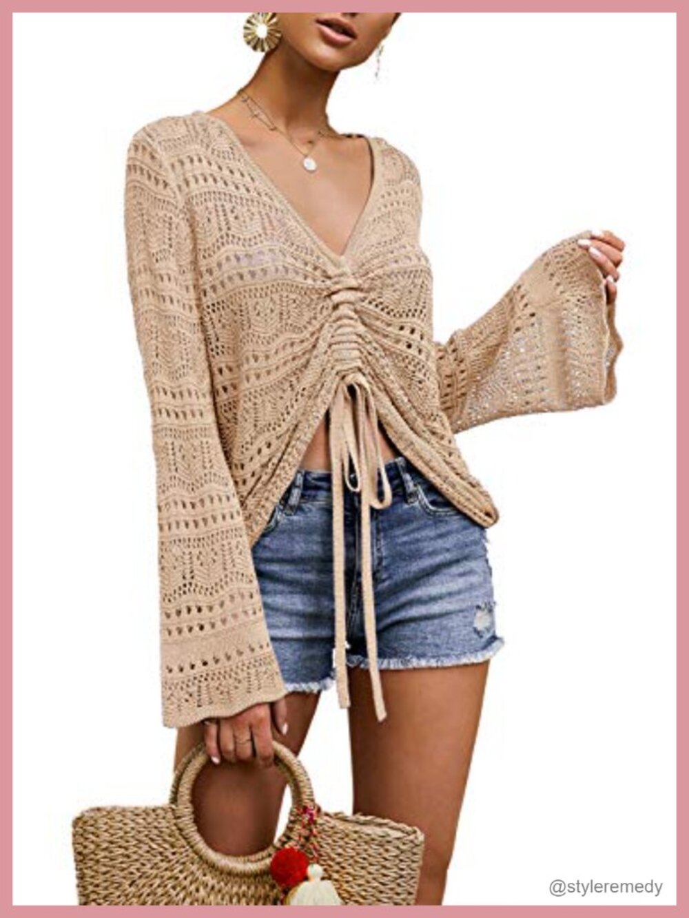Womens Boho Off Shoulder Sheer Crop Top Crochet Knit Bell Sleeve